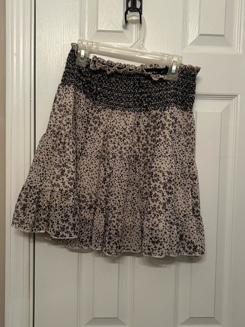 Altar'd State Black Floral on Cream Smocked Tiered Mini Skirt